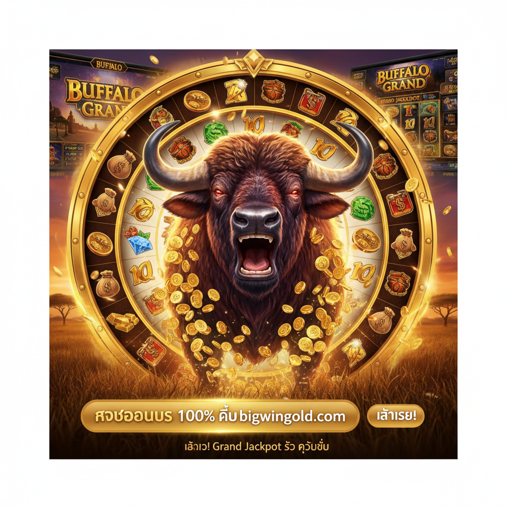 ภาพสรุปและกระตุ้นการตัดสินใจ (Call to Action - CTA) ที่ทรงพลัง แสดงสัญลักษณ์ 'ควายป่า' ขนาดยักษ์กำลังคำรามด้วยแสงสีทองและไฟล้อมรอบ เน้นการใช้สีทองและสีแดงเพื่อสื่อถึงโบนัสและเงินรางวัลใหญ่ องค์ประกอบต้องมีปุ่มหรือแบนเนอร์ที่เด่นชัดพร้อมข้อความกระตุ้น เช่น 'รับโบนัส 100% ที่ bigwingold.com' หรือ 'เล่นเลย! Grand Jackpot รอคุณอยู่' เพื่อนำผู้เล่นไปสู่การดำเนินการทันที ภาพรวมต้องให้ความรู้สึกของชัยชนะ ความตื่นเต้น และโอกาสในการได้รับรางวัลมหาศาล