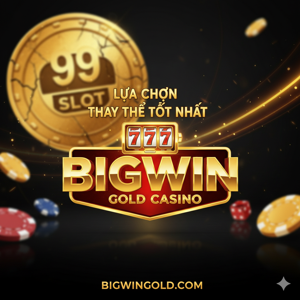Ảnh bìa mang phong cách casino sang trọng, tập trung vào sự đối lập giữa một hình ảnh mờ ảo/cũ kỹ của 'Coin 99 Slot' (thể hiện bằng một logo xu vàng đơn giản, có thể hơi nứt) và một logo 'Bigwin Gold Casino' sáng bóng, hiện đại, đặt ở vị trí trung tâm. Màu sắc chủ đạo là vàng kim, đen và đỏ rực rỡ, thể hiện sự giàu có và chiến thắng. Bố cục đặt một máy Slot Machine ảo với dòng chữ 'BEST ALTERNATIVE' (Lựa Chọn Thay Thế Tốt Nhất) ở phía trên, thu hút sự chú ý ngay lập tức. Cảm giác tổng thể phải truyền đạt được sự uy tín và hấp dẫn của Bigwin Gold.