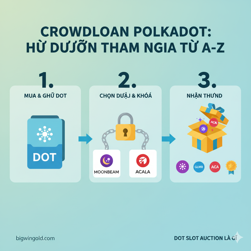 一张关于'Crowdloan参与指南'的步骤图。画面采用3个清晰的分隔区块或流程箭头，展示用户参与过程：1. 购买/持有DOT（一个带DOT标志的钱包图标），2. 选择项目和锁定（一个挂锁或链条图标连接到项目Logo，如Moonbeam/Acala），3. 接收奖励（一个带有新项目Token的礼盒或奖励徽章）。风格简洁、信息图表化，使用箭头和步骤数字引导用户，背景色调柔和，聚焦用户交互。