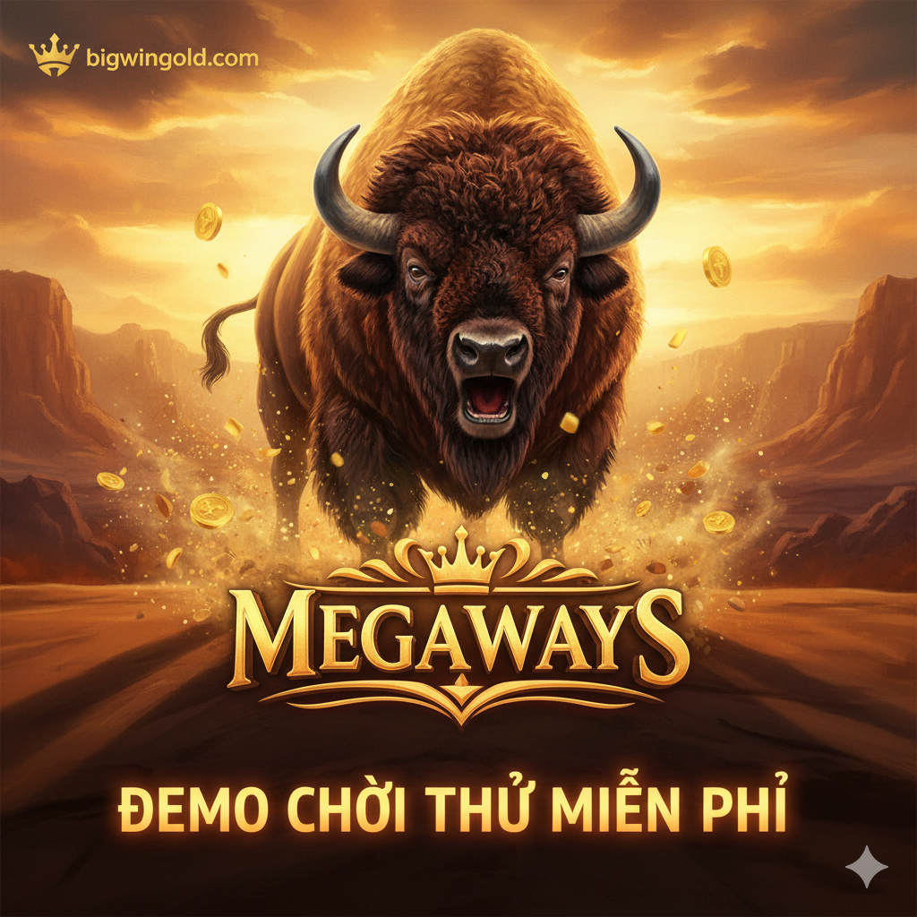 Thiết kế một bản cover game Buffalo King Megaways ấn tượng, nổi bật dòng chữ DEMO CHƠI THỬ MIỄN PHÍ bằng tiếng Việt, có hình ảnh con trâu dũng mãnh và logo bigwingold.com