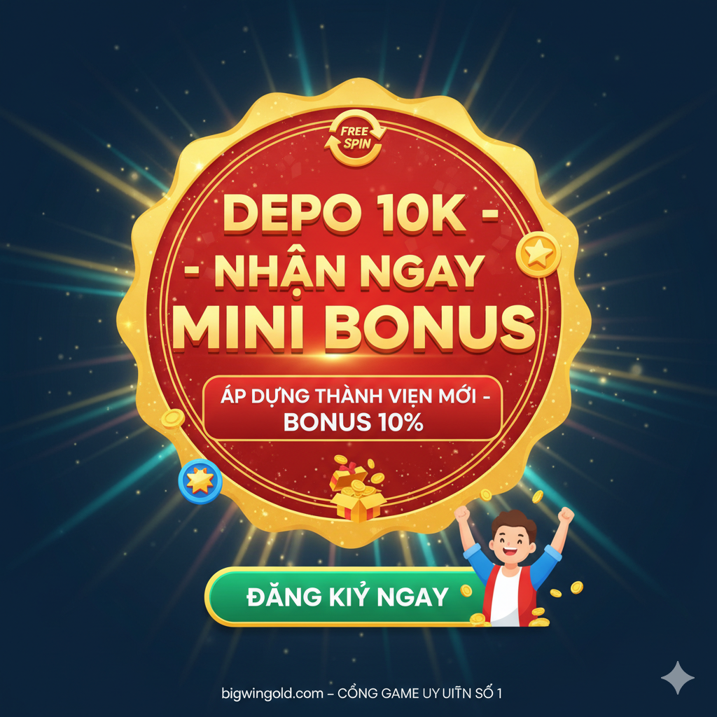 Hình ảnh tóm tắt và kêu gọi hành động (CTA), nhấn mạnh vào ưu đãi Mini-Bonus cho thành viên mới nạp 10K. Thiết kế dạng bảng thông báo hoặc một huy chương lớn màu đỏ-vàng nổi bật. Trung tâm ghi rõ "DEPO 10K - NHẬN NGAY MINI BONUS" (hoặc "BONUS NEW MEMBER 10%"). Xung quanh là các biểu tượng nhỏ của Free Spin và một hộp quà mở ra. Hình ảnh nên có một nút ảo "ĐĂNG KÝ NGAY" lớn ở phía dưới, có thể có hình ảnh mô phỏng một người chơi đang vui mừng. Nền ảnh có hiệu ứng lấp lánh nhẹ nhàng, tạo cảm giác hấp dẫn và khép lại bài viết một cách thuyết phục.