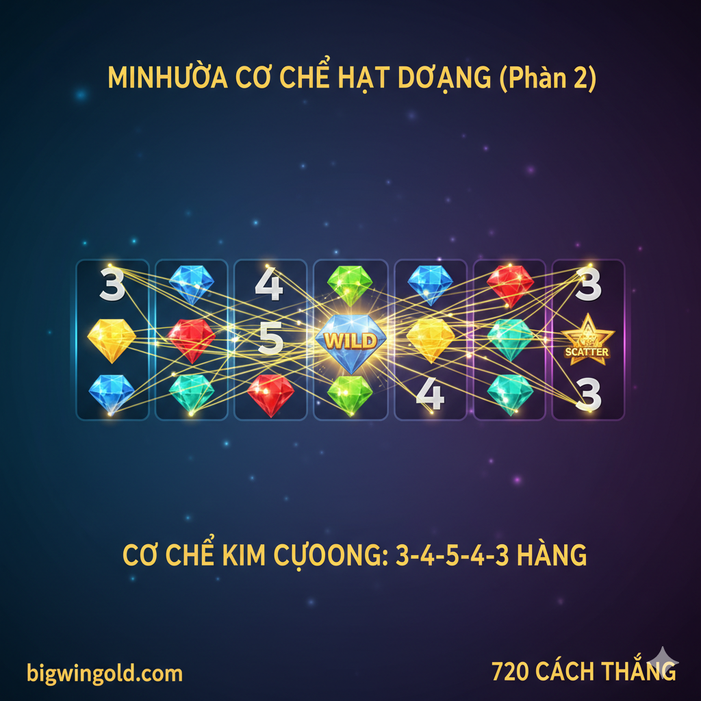 Một chức năng图, rõ ràng展示机制 Diamond Slot Formation. 图片 trung tâm là một lưới cuộn quay 5x5 hoặc 4-5-5-5-4 đã được trừu tượng hóa. Dùng đường nét lấp lánh hoặc khối nổi bật (ví dụ, đường dẫn hình thoi màu vàng) kết nối các biểu tượng ở các vị trí cụ thể trên cuộn quay, rõ ràng phác thảo đường dẫn Payline hình “kim cương”. Dùng mũi tên chỉ ra cách Payline kết nối và kích hoạt, tạo sự đối lập với Payline ngang truyền thống (được biểu thị bằng đường đứt nét màu xám). Sử dụng màu xanh kỹ thuật và vàng chiến thắng, nhấn mạnh tính phức tạp và đặc tính trả thưởng cao.