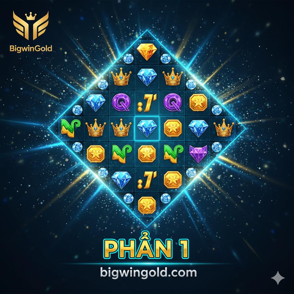Một bức ảnh引人注目的封面图，主题是“diamond slot formation”战略。画面主体应是一个动态的、闪耀的、3D渲染的钻石形状，周围环绕着老虎机（Slot Machine）的卷轴和金币雨。背景使用深蓝色 hoặc màu tím, để tạo cảm giác bí ẩn và cao cấp. Kim cương bên trong được nhúng các ký hiệu chiến thắng lấp lánh hoặc từ “WILD”. Ở phía dưới, ghi rõ ràng bằng tiếng Việt “BIGWINGOLD” hoặc “Bí Quyết Thắng Lớn” để thu hút người dùng mục tiêu. Phong cách tổng thể nên là lộng lẫy, độ tương phản cao và đầy chiến thắng.