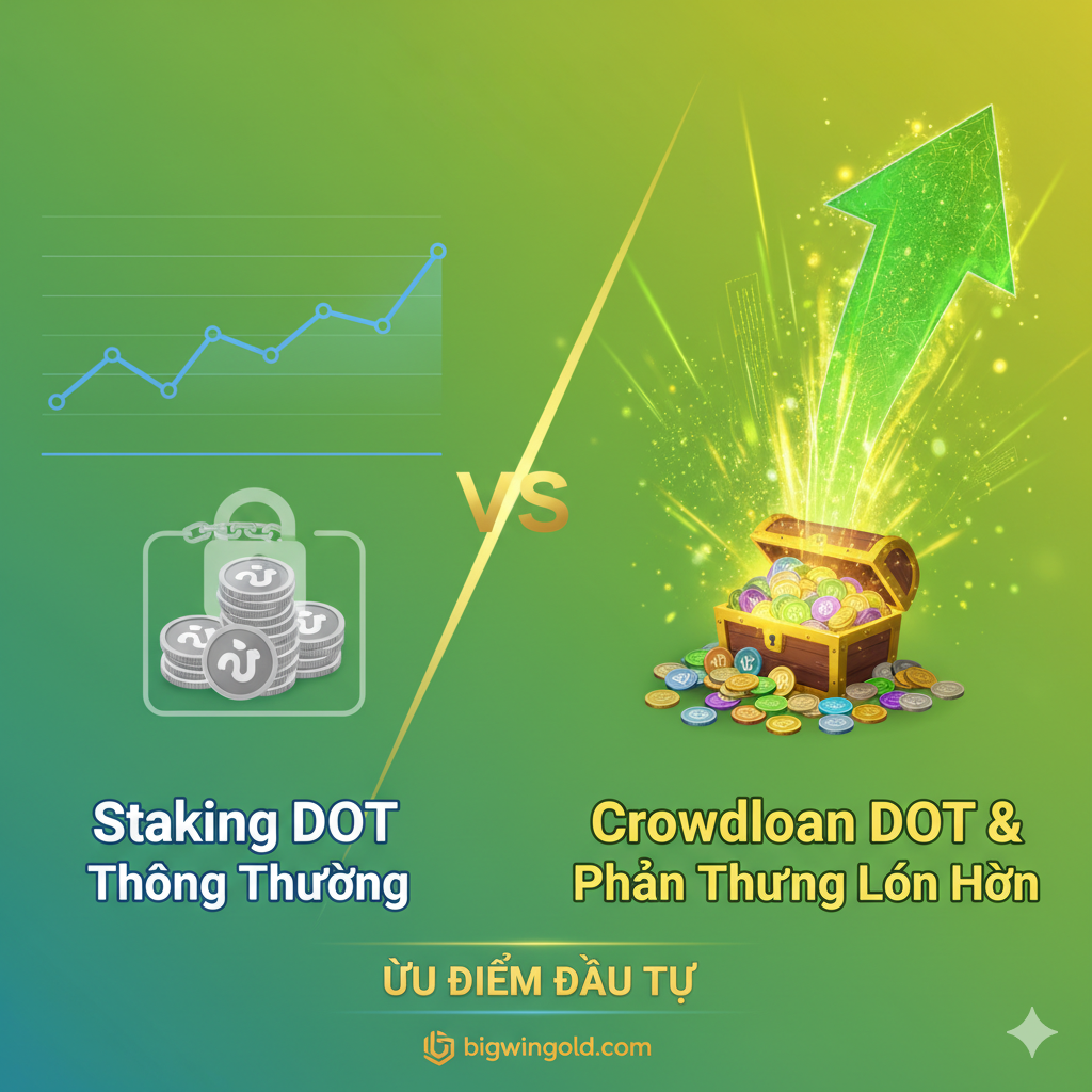 强调参与DOT Crowdloan的优势和回报。画面采用对比构图，左侧是普通的DOT Staking（一个平稳的收益图表），右侧是Crowdloan的潜在高回报（一个向上的箭头或爆炸性的收益图表）。视觉元素应包括一堆锁着的DOT币（代表锁仓），旁边是一堆更多的、不同颜色的币（代表Token奖励）。整体配色明亮，使用绿色和金色突出'收益'和'潜力'，营造积极的投资氛围。