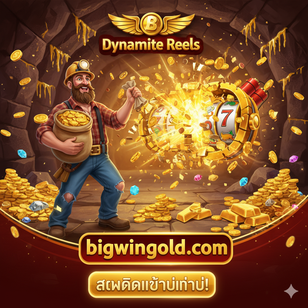 ภาพสรุปและปิดท้ายที่ให้ความรู้สึกถึงความมั่นใจและเชิญชวนให้สมัครเล่น เน้นภาพของแจ็คพ็อต (Jackpot) หรือกองทองคำขนาดใหญ่ที่ถูกระเบิดออกมาจากวงล้อสล็อต มีตัวละครนักขุดทอง (Miner) ยืนยิ้มอย่างมีความสุขพร้อมถือถุงใส่ทองคำในอุโมงค์เหมืองที่เต็มไปด้วยทองคำ โทนสีอบอุ่นและร่ำรวย (สีทองและสีแดงเบอร์กันดี) จัดวางองค์ประกอบให้มีเส้นนำสายตาไปยังปุ่มหรือข้อความที่เชิญชวนให้ "สมัครเล่นทันที!" พร้อมเน้นย้ำชื่อเว็บ bigwingold.com เพื่อสร้างการจดจำและกระตุ้นการตัดสินใจ