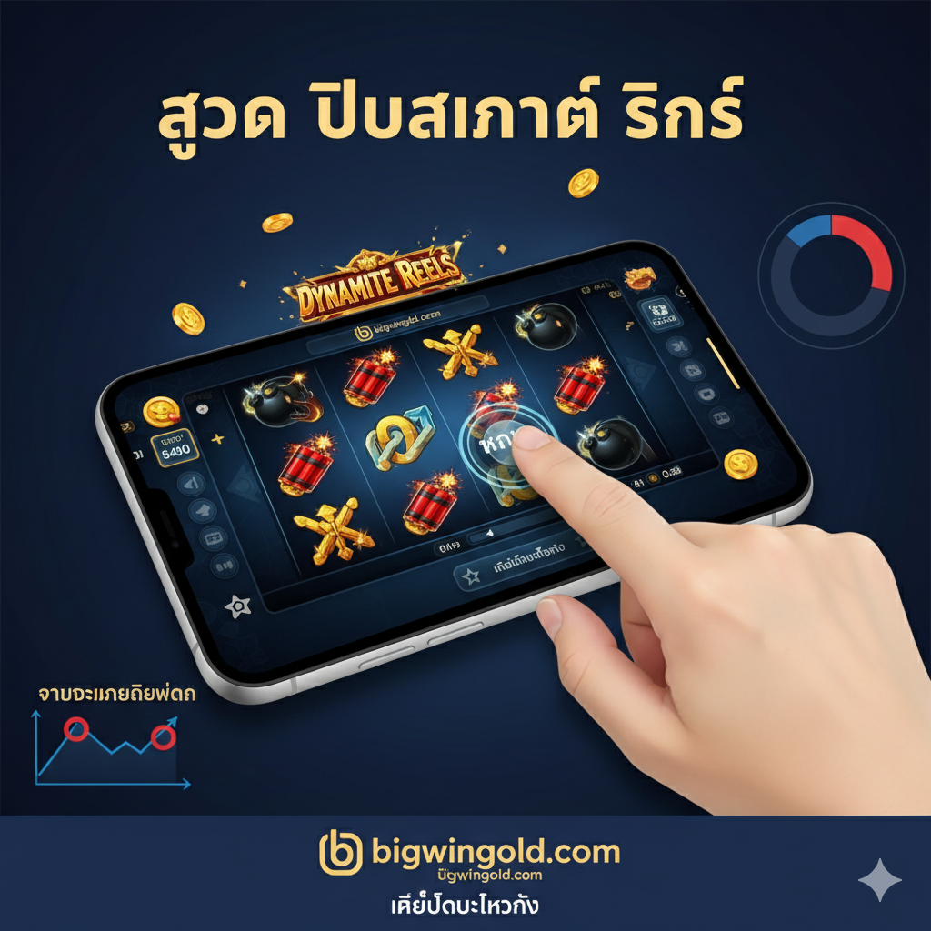 ภาพประกอบส่วนของเทคนิคและสูตรการเล่น แสดงมือของผู้เล่นกำลังใช้นิ้วกดปุ่ม 'Spin' (ปั่นมือ) บนหน้าจอสมาร์ทโฟนหรือแท็บเล็ต โดยมีหน้าจอเกม Dynamite Reels อยู่เบื้องหลัง โทนสีเน้นความน่าเชื่อถือ เช่น สีน้ำเงินและสีทอง มีกราฟเล็ก ๆ หรือแผนภาพวงล้อที่ถูกเน้นด้วยสีแดง (เพื่อสื่อถึง 'จังหวะเพิ่มเบท') เพื่อให้ภาพดูเป็นการ 'วางแผน' และ 'ควบคุม' การเดิมพัน สื่อถึงคำว่า "สูตร Dynamite Reels" ที่เป็นระเบียบและรอบคอบ