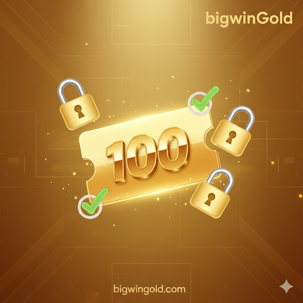 A detailed feature graphic illustrating the 'No Deposit, No Share' promotion. The image features a digital golden voucher or ticket glowing in the center with the number '100' embossed on it. Surrounding the voucher are unlocked padlock icons and green checkmarks, symbolizing ease of access. The color palette uses shades of gold, amber, and white to create a sense of value and transparency, strictly following the BigwinGold aesthetic.
