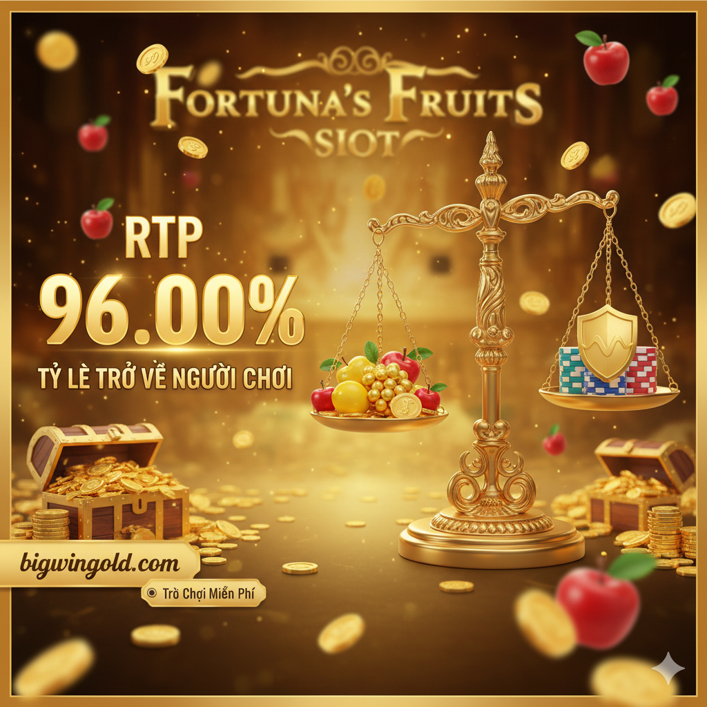 Một hình ảnh展示游戏统计数据优势的概念图,结合了'RTP 96.00%' và 'Độ Biến Động Trung Bình'的特点。左侧放置一个醒目的百分比数字'96.00% RTP',并用一个平衡的秤或波浪线图(不是太高,也不是太低)来象征'Độ Biến Động Trung Bình'(Medium Volatility)。背景可以是一个金色的胜利画面,或者堆满筹码和水果的场景,象征回报与风险的均衡。图片应传 đạt出公平、稳定 và可靠的游玩体验,吸引寻求平衡回报的玩家。