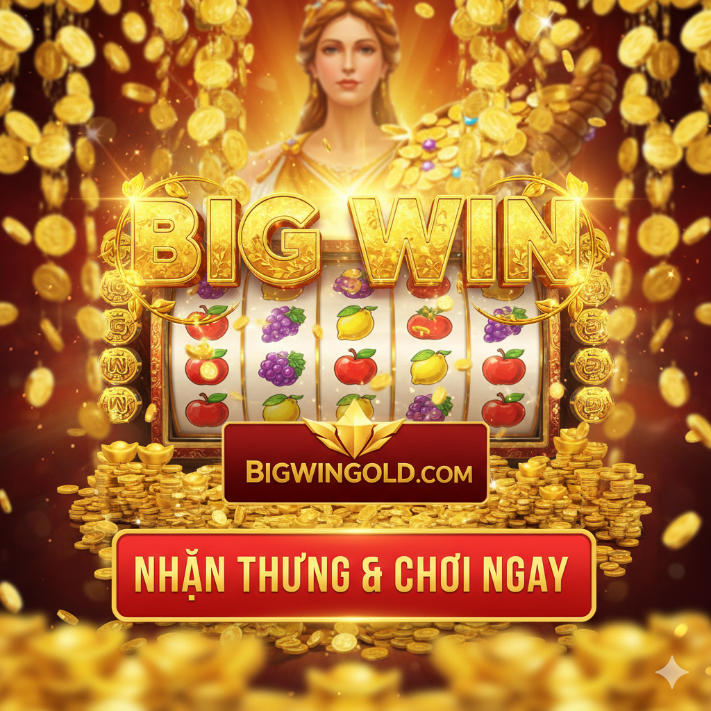 Một hình ảnh总结和行动号召图，用于文章末尾。图画内容应是一个胜利的画面，例如巨大的金币雨从屏幕上方落下，或者一个'BIG WIN'的标志叠加在游戏卷轴上。中央突出显示bigwingold.com的Logo（如果已知），并配上一个引人注目的越南语行动号召按钮，例如'NHẬN THƯỞNG & CHƠI NGAY'（Claim Bonus & Play Now），使用鲜明的对比色（如红/黄/金）来促使读者点击链接并进行注册。整体风格应充满活力和激励性，完成从Demo到真钱游戏的过渡。