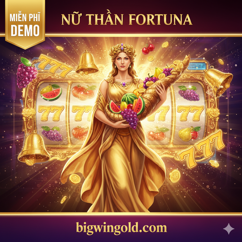 Một hình ảnh引人注目的封面图,主色调应为金色 và鲜艳的红色/紫色,强调'Fortuna's Fruits Slot free play' và bigwingold.com。画面中央是'Nữ Thần Fortuna'的形象(古罗马女神,可能手持聚宝盆或水果),周围环绕着高价值的水果符号(如777、西瓜、葡萄),背景是游戏的主界面风格,带有复古但闪耀的光芒。左上角或右上角突出显示'MIỄN PHÍ'(FREE)和'DEMO'字样,整体构图大气,营造出幸运、财富和免费试玩的主题氛围。