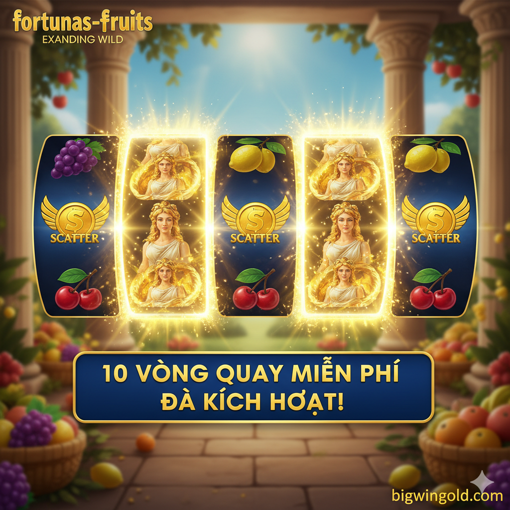Một hình ảnh突出游戏核心功能（Free Spins & Sticky Wilds）的截图或概念图。主画面展示5个卷轴正在旋转，其中至少有两列完全被'Nữ Thần Fortuna'（Wild）的图像占据并闪烁着金光，表明'Expanding Wild' và 'Sticky Wild'的机制。在卷轴的上方或下方，放置一个突出的文本框（越南语），显示'10 Vòng Quay Miễn Phí Đã Kích Hoạt!'（10 Free Spins Activated!）。色彩鲜艳，强调Wild符号带来的巨大赢钱潜力，背景模糊处理，聚焦于Wild và Scatter符号。