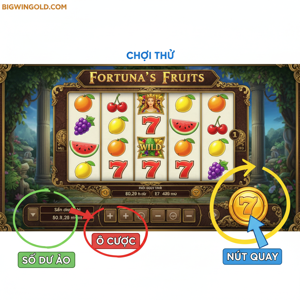 Một hình ảnh hướng dẫn người dùng giao diện。清晰展示Fortuna's Fruits游戏界面的关键操作区域,模拟玩家正在进行'chơi thử'(Demo Play)的情景。重点圈出并配以越南语标签(使用箭头或气泡):1. 'Nút Quay/Spin'(大且易见)、2. 'Ô Cược/Bet Adjustment'(用于调整筹码)、3. 'Hiển thị Số Dư/Balance Display'(强调是虚拟金额)。构图简洁明了,以帮助新玩家快速理解如何在bigwingold.com的Demo模式下进行基本操作 và quản lý virtual funds。