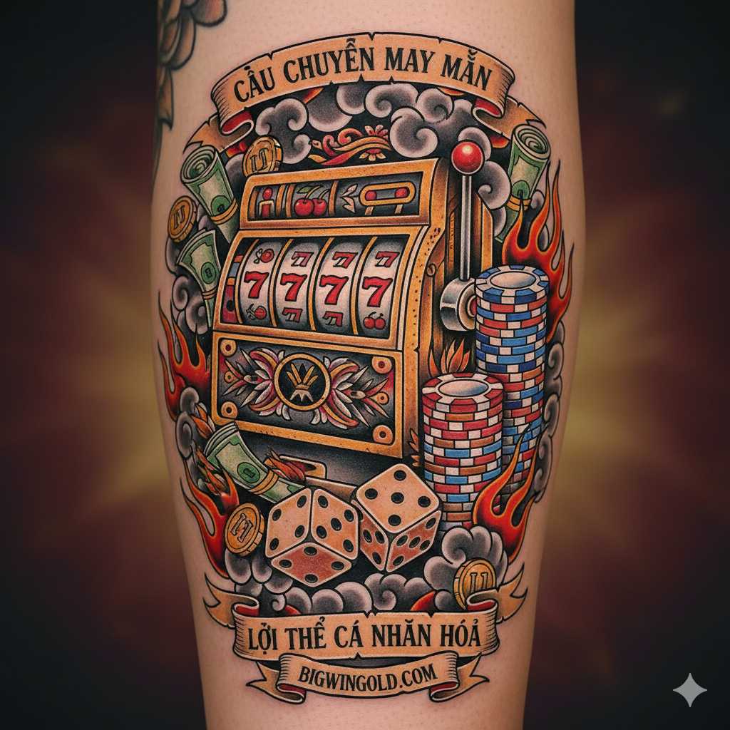 An image illustrating the 'Advantage' of customization and combining elements. The central piece is a vintage slot machine (Old School style), surrounded by other classic gambling tattoo elements: a pair of dice mid-roll, a stack of poker chips, and perhaps currency (a dollar bill or coins) mixed with stylized smoke or flames. The colors are rich and saturated, maintaining the traditional tattoo aesthetic. This composition visually represents the idea of creating a personalized 'Câu Chuyện May Mắn' (Luck Story) as discussed in the tips section.