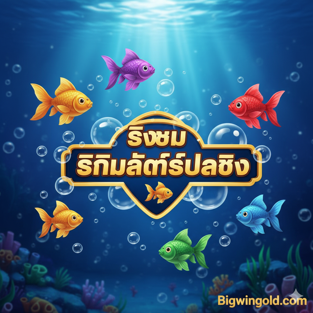 ภาพหน้าปกสำหรับ 'รีวิวสล็อตปลาทอง (Gold Fish Slot Review)' ที่สดใสและดึงดูดสายตา องค์ประกอบหลักคือโลโก้ 'Gold Fish Slot' ที่เป็นสีทองโดดเด่นอยู่ตรงกลาง ล้อมรอบด้วยฟองอากาศและปลาโบนัสทั้ง 5 สี (ทอง, ม่วง, แดง, เขียว, น้ำเงิน) กำลังว่ายน้ำอย่างร่าเริง ฉากหลังเป็นโลกใต้ทะเลสีน้ำเงินเข้มที่สวยงาม มีแสงส่องลงมาจากผิวน้ำ สไตล์โดยรวมมีความคลาสสิกแต่สีสันสดใส มีโลโก้ 'Bigwingold.com' วางอยู่ที่มุมล่างขวาอย่างลงตัว