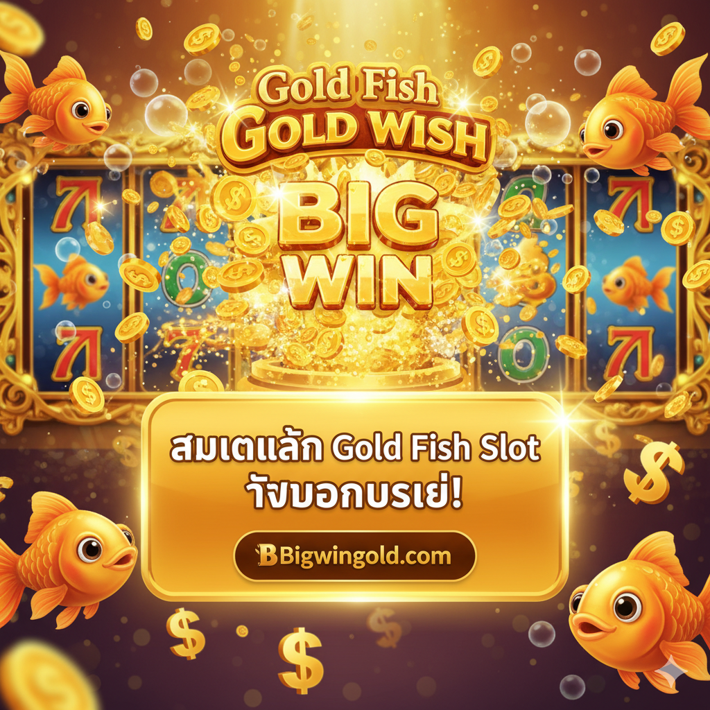 ภาพสรุป (Summary) และเรียกร้องให้ดำเนินการ (CTA) ที่ทรงพลัง องค์ประกอบหลักคือปุ่มกราฟิกขนาดใหญ่ที่ออกแบบมาให้ดูน่าคลิก พร้อมข้อความภาษาไทยว่า 'สมัครเล่น Gold Fish Slot รับโบนัสเลย!' ฉากหลังเป็นภาพจำลองหน้าจอ 'Big Win' หรือ 'Jackpot' จากเกม ที่มีเหรียญทองและฟองอากาศระเบิดออกมาอย่างตื่นเต้น โทนสีเน้นสีทองและสีส้มเพื่อสื่อถึงชัยชนะและความคุ้มค่า พร้อมโลโก้ Bigwingold ที่ชัดเจน