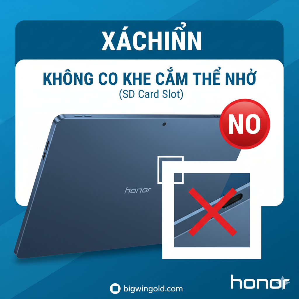 Ảnh bìa chủ đề xác nhận Honor Pad 8 không có khe cắm thẻ SD. Hình ảnh nên có thiết kế hiện đại, chuyên nghiệp với tông màu xanh dương (của Honor) và trắng. Ở trung tâm là hình ảnh chi tiết của chiếc Honor Pad 8, với một khu vực được đánh dấu (ví dụ: khay SIM) và có dấu X lớn màu đỏ (hoặc biểu tượng 'NO' rõ ràng) đặt chồng lên, ám chỉ không có khe cắm thẻ nhớ. Phía trên hoặc dưới ảnh là dòng chữ nổi bật bằng tiếng Việt: 'XÁC NHẬN: KHÔNG CÓ KHE CẮM THẺ NHỚ (SD Card Slot)'.
