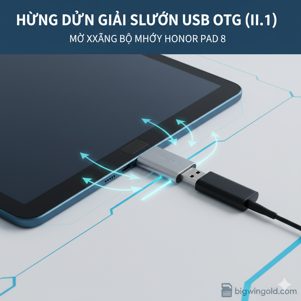 Hình ảnh hướng dẫn về Giải pháp USB Type-C OTG. Trình bày chiếc Honor Pad 8 đang được kết nối với một Adapter USB Type-C OTG màu bạc/xám, và đầu còn lại của adapter cắm vào một chiếc USB Flash Drive (hoặc SSD di động) nhỏ gọn. Chi tiết kết nối cần được làm rõ nét. Phong cách 'tập trung vào giải pháp' với các mũi tên màu sáng chỉ dẫn luồng dữ liệu, thể hiện việc mở rộng bộ nhớ vật lý. Nên sử dụng phông nền sạch sẽ, công nghệ.