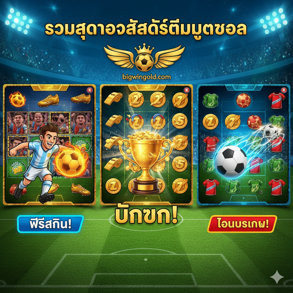 ภาพนี้ใช้เป็นคู่มือภาพหรือบทแนะนำง่ายๆ ที่จะนำผู้ใช้จากการค้นหาคีย์เวิร์ดไปสู่การเล่นเกมที่ bigwingold.com ใช้ภาพสัญลักษณ์สามขั้นตอนที่ชัดเจน (ขั้นตอนที่ 1-2-3) ขั้นตอนที่ 1: แสดงไอคอนช่องค้นหาพร้อมภาษาไทย "ค้นหา 'messi play slot'" ขั้นตอนที่ 2: ลูกศรชี้ไปที่โลโก้ทางการของ bigwingold.com ถัดจากไอคอน "สมัครสมาชิก" (Register) ขั้นตอนที่ 3: แสดงหน้าจอมือถือที่มีเกมสล็อตธีมฟุตบอลที่กำลังทำงานอยู่และมีถ้วยรางวัลสีทองขนาดใหญ่และข้อความ "ชนะรางวัลใหญ่!" (Win Big Prizes!) การออกแบบโดยรวมเรียบง่ายและชัดเจน, ใช้สีของแบรนด์ (สีทองและสีน้ำเงินเข้ม), เพื่อให้ผู้ใช้สามารถเข้าใจเส้นทางจากการค้นหาไปสู่การชนะได้อย่างรวดเร็ว