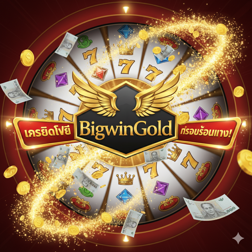 ภาพที่เน้น 'สล็อตเครดิตฟรี/โปรโมชั่นแรงจาก BigwinGold' แสดงโลโก้ BigwinGold หรือคำว่า 'BigwinGold' ที่ดูโดดเด่นและเป็นแบรนด์อย่างชัดเจน โดยมีกองเหรียญทองคำและธนบัตรลอยอยู่รอบๆ โลโก้ และมีป้ายสัญลักษณ์ 'Free Credit' หรือ 'เครดิตฟรี' ขนาดใหญ่ที่ดูมีชีวิตชีวา ภาพควรเน้นบรรยากาศความร่ำรวยและโอกาสที่มอบให้จากเว็บไซต์ สไตล์ภาพควรเป็นแบบไดนามิกและน่าตื่นเต้น ใช้สีแดง/ทอง/ดำ เพื่อสื่อถึงความยิ่งใหญ่ของโปรโมชั่นและโบนัสที่กำลังรอผู้เล่นอยู่ เป็นการดึงดูดให้คลิกสมัครสมาชิก.