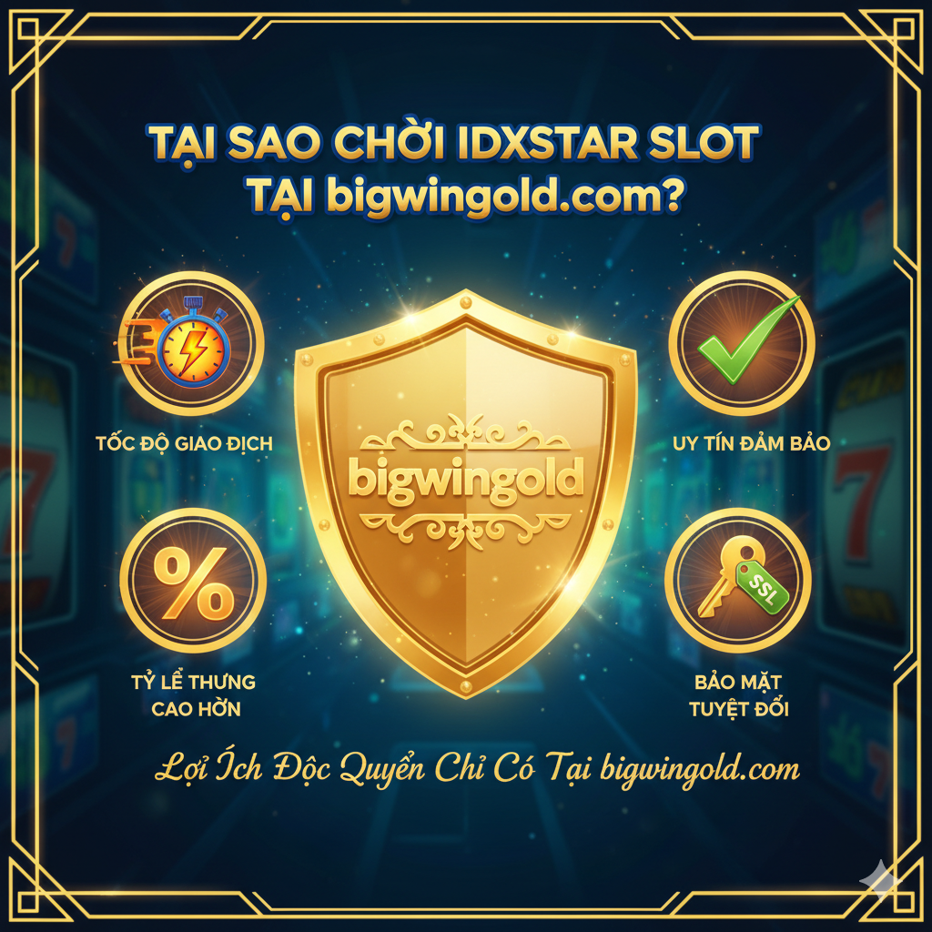 Hình ảnh nhấn mạnh lợi thế độc quyền của bigwingold khi chơi IDXSTAR Slot. Trung tâm là một chiếc khiên mạ vàng (tượng trưng cho Bảo Mật Tuyệt Đối) với logo bigwingold. Xung quanh chiếc khiên có 4 biểu tượng nhỏ đại diện cho các lợi thế: 1. Đồng hồ bấm giờ/Tia chớp (Tốc Độ Giao Dịch); 2. Dấu kiểm lớn (Uy Tín Đảm Bảo); 3. Biểu tượng phần trăm (Tỷ Lệ Thưởng Cao Hơn); 4. Một biểu tượng chìa khóa có nhãn 'SSL' (Bảo Mật). Màu sắc tươi sáng, sử dụng vàng, xanh lá cây và cam để tạo cảm giác an toàn, tốc độ và lợi ích cao. Đây là hình ảnh lý tưởng để minh họa cho phần 'Tại Sao Chơi IDXSTAR Slot Tại bigwingold.com?'.