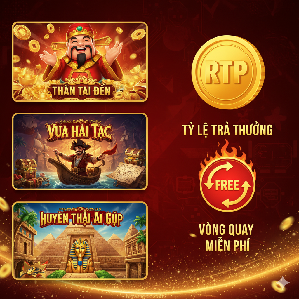 Một hình ảnh ghép thể hiện các tính năng cốt lõi và sự đa dạng trò chơi của IDXSTAR Slot. Phía bên trái hiển thị ba ảnh chụp màn hình nhỏ của các tựa game nổi bật được đề cập (Thần Tài Đến, Vua Hải Tặc, Huyền Thoại Ai Cập) với đồ họa 3D sắc nét. Phía bên phải có các biểu tượng đại diện cho tính năng trò chơi: một đồng xu lớn có nhãn 'RTP' (Return to Player) và một biểu tượng 'Free Spin' xoay tròn. Sử dụng màu vàng kim và đỏ để thể hiện sự giàu có và may mắn. Tổng thể là bố cục chia đôi để thể hiện chất lượng đồ họa cao và tính năng công bằng (RTP), chống lại các nghi ngờ về 'idxstar slot lừa đảo không'.