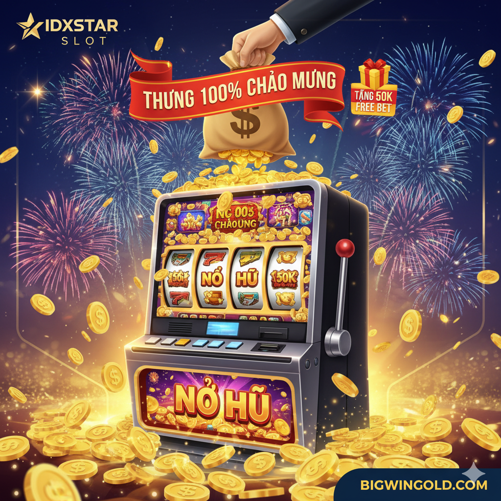 Hình ảnh tập trung vào khuyến mãi và giải thưởng Jackpot (Nổ Hũ). Một bàn tay đang nắm lấy một túi tiền vàng lớn từ phía trên một máy slot đang sáng rực (tượng trưng cho 'Nổ Hũ'). Một dải băng màu đỏ bay lượn ghi rõ 'Thưởng 100% Chào Mừng' và một biểu tượng quà tặng nhỏ với nhãn 'Tặng 50K Free Bet' bằng tiếng Việt. Bầu không khí lễ hội, sử dụng pháo hoa và tiền xu bay lên để tạo cảm giác chiến thắng và phần thưởng hào phóng. Hình ảnh này phục vụ mục tiêu săn 'idxstar slot nổ hũ' và tận dụng tối đa 'idxstar slot khuyến mãi'.