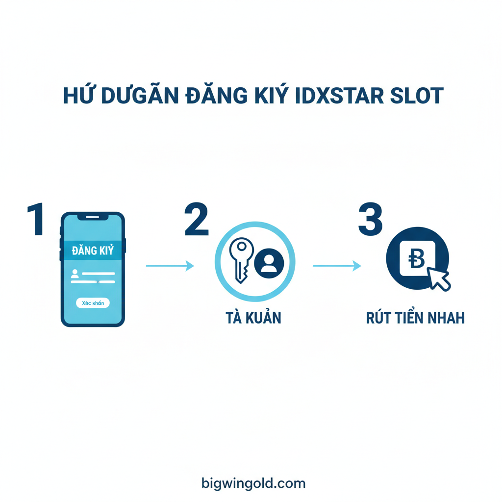 Một hình ảnh minh họa quy trình 'Hướng dẫn Đăng Ký' đơn giản. Thiết kế theo dạng Infographic 3 bước tối giản: 1. Biểu tượng điện thoại di động (mobile) với màn hình 'Đăng Ký'; 2. Biểu tượng chìa khóa và tài khoản người dùng; 3. Biểu tượng tiền tệ/biểu tượng rút tiền (Cash Out) với mũi tên đi ra. Hình ảnh cần có chú thích số '1, 2, 3' rõ ràng. Tone màu chủ đạo là xanh dương (tượng trưng cho công nghệ và bảo mật) và trắng, tạo cảm giác hướng dẫn rõ ràng, dễ hiểu. Hình ảnh này phục vụ cho việc hướng dẫn 'idxstar slot đăng ký' và giao dịch nhanh chóng.