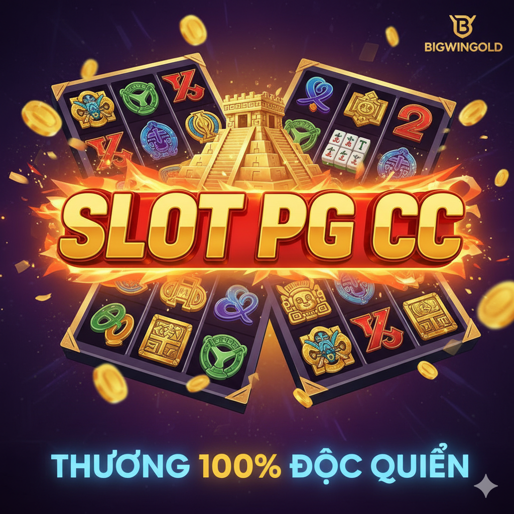 Một hình ảnh cover trực quan, sôi động của trò chơi slot. Chủ đề là “SLOT PG CC” với màu vàng và đỏ rực rỡ, nhấn mạnh sự “nóng” và “chiến thắng”. Nền là các yếu tố game PG Soft như Mahjong Ways 2 và Treasures of Aztec. Dưới cùng có dòng chữ “Thưởng 100% Độc Quyền” với hiệu ứng phát sáng, làm nổi bật tính độc quyền của Bigwingold. Logo của Bigwingold nằm ở góc trên bên phải, khẳng định thương hiệu.