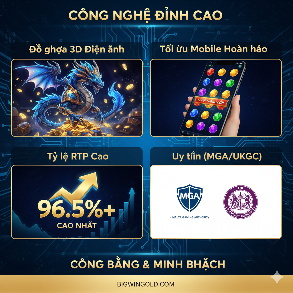Một bức ảnh chức năng được chia thành bốn ô vuông, mô tả các tính năng cốt lõi của PG Soft. Các ô vuông bao gồm: 1. Đồ họa 3D Điện ảnh (hình ảnh nhân vật 3D chi tiết); 2. Tối ưu Mobile Hoàn hảo (màn hình điện thoại hiển thị game PG mượt mà); 3. Tỷ lệ RTP Cao (một biểu đồ hoặc mũi tên hướng lên với con số 96%+); 4. Uy tín (MGA/UKGC) (logo của MGA và UKGC). Hình ảnh sử dụng tông màu xanh-vàng công nghệ, làm nổi bật sự đổi mới và chuyên nghiệp của PG Soft.