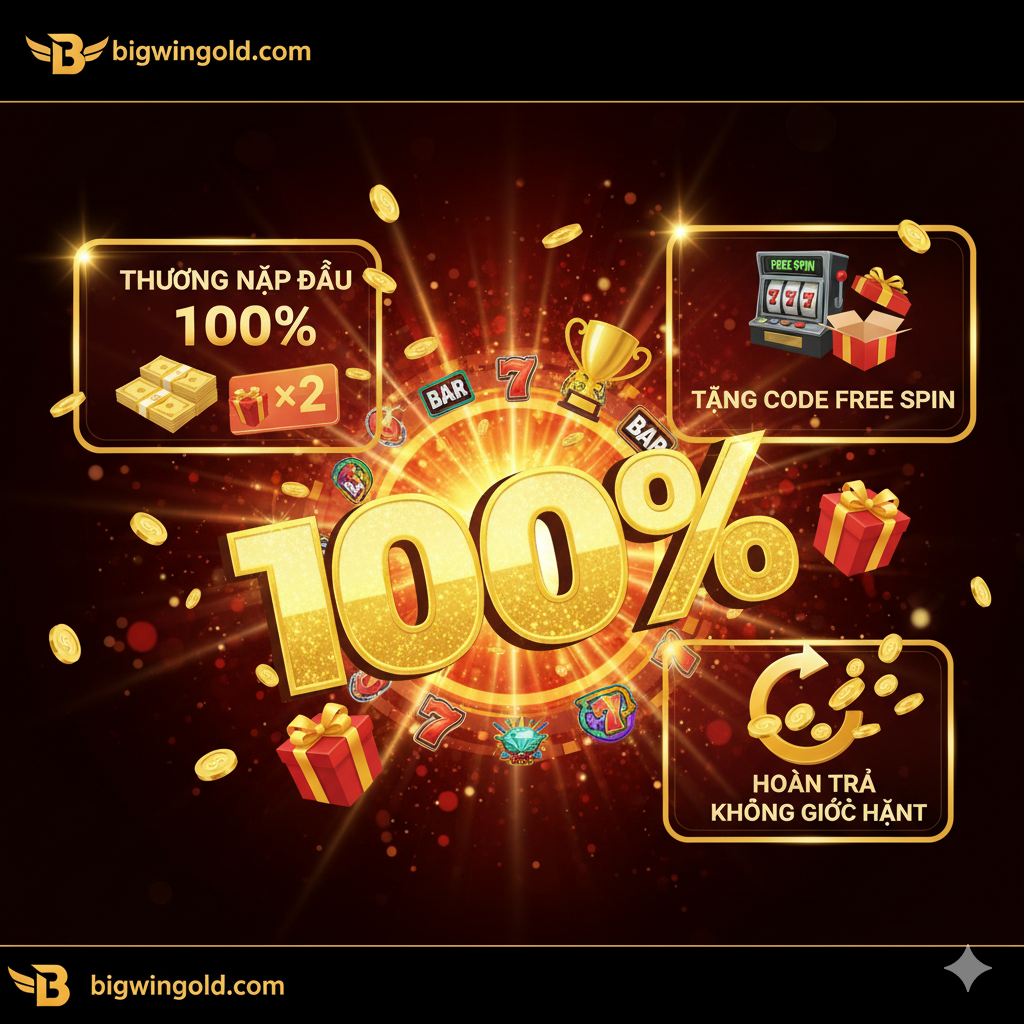 Một hình ảnh về các ưu đãi lớn tại Bigwingold. Hình ảnh có con số lớn “100%” được bao quanh bởi các biểu tượng tiền thưởng và hộp quà. Các điểm nhấn là: 1. Thưởng Nạp Đầu 100% (chiếm phần lớn không gian); 2. Tặng Code Free Spin (biểu tượng quay miễn phí); 3. Hoàn Trả Không Giới Hạn (biểu tượng mũi tên hoàn tiền). Hình ảnh dùng màu vàng và đỏ để tạo cảm giác cấp bách và giàu có, nhấn mạnh tính độc quyền của ưu đãi tại Bigwingold.