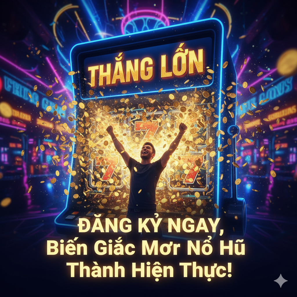 Hình ảnh cho lời kêu gọi hành động cuối cùng, hiển thị một màn hình slot game với dòng chữ 'BIG WIN' hoặc 'JACKPOT' rực rỡ, bao quanh là các đồng tiền vàng đang phun trào. Toàn bộ cảnh tượng toát lên sự phấn khích tột độ, với một câu kêu gọi hành động rõ ràng ở phía dưới: “ĐĂNG KÝ NGAY, Biến Giấc Mơ Nổ Hũ Thành Hiện Thực!”, nhằm thúc đẩy người đọc click và tham gia.