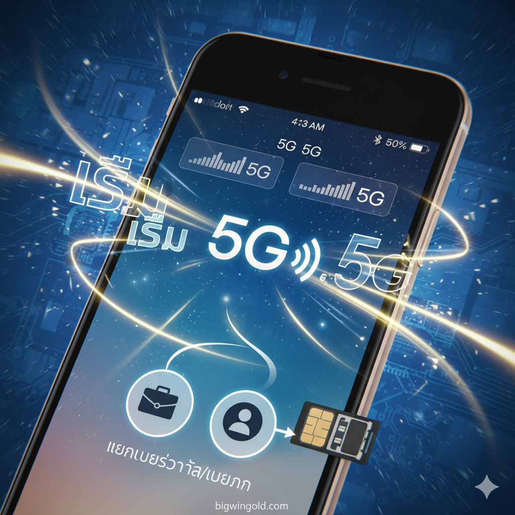 优势特点图，突出iPhone SE 3的5G支持和Dual SIM带来的便利。图片主体是iPhone SE 3的屏幕上方的状态栏，显示着两个信号条和一个“5G”图标。画面中用速度线或光效表达“เร็ว (Fast)”和“5G”。下方或周围有两个小的图标：一个代表工作，一个代表个人，象征着“แยกเบอร์ส่วนตัว/เบอร์งาน” (分离私人/工作号码) 的Dual SIM优势。色彩鲜明，强调速度和效率，构图动态且具科技感。