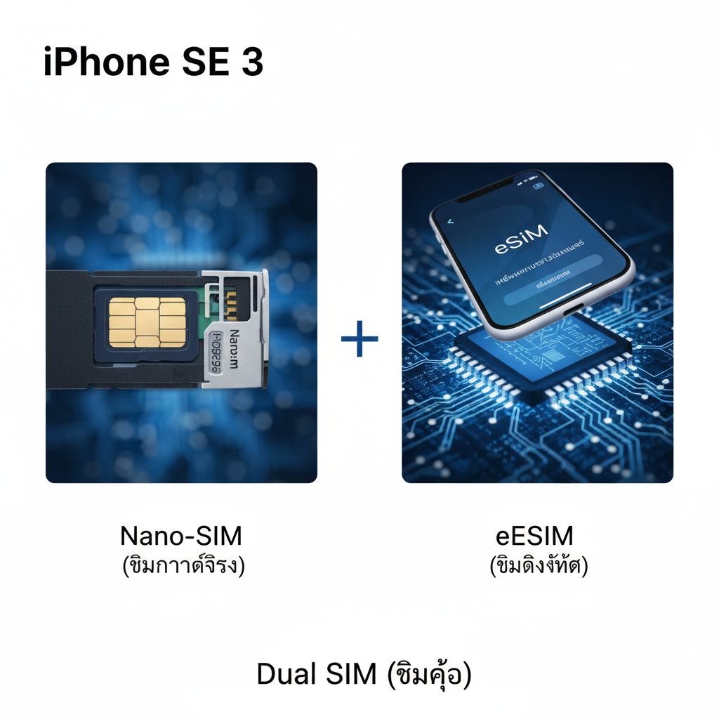 功能特性图，重点展示iPhone SE 3的Dual SIM能力：Nano-SIM + eSIM。图片采用上下/左右分屏对比构图。左侧是一个物理Nano-SIM卡槽的特写，里面放着一张Nano-SIM卡，并标注“Nano-SIM (ซิมการ์ดจริง)”。右侧是一个抽象的数字芯片/电路板图案，上方浮动着手机屏幕界面显示“eSIM”和“Add Cellular Plan”，并标注“eSIM (ซิมดิจิทัล)”。中间用一个加号“+”和箭头连接，底部写着“Dual SIM (ซิมคู่)”。色彩采用科技蓝和亮白色，体现先进และ简洁。
