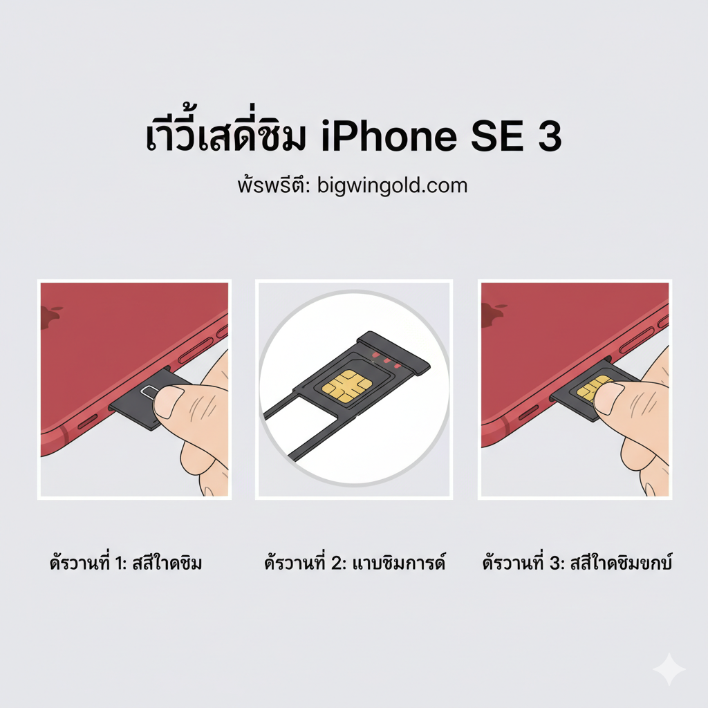 教程指导图，展示如何正确插入iPhone SE 3的Nano-SIM卡。这是一张多步骤流程图，采用简洁的插画风格。包含3个关键步骤：1. 用SIM Ejector Tool取出卡槽的动作特写；2. Nano-SIM卡正确放置在卡槽中的放大图（注意缺角方向）；3. 将卡槽推回手机侧面的动作图。每个步骤下方配上简短的泰文说明。背景为柔和的灰色或白色，焦点集中在操作步骤上，确保用户能清晰理解“วิธีใส่ซิม iPhone SE 3” (如何插入SIM卡)。