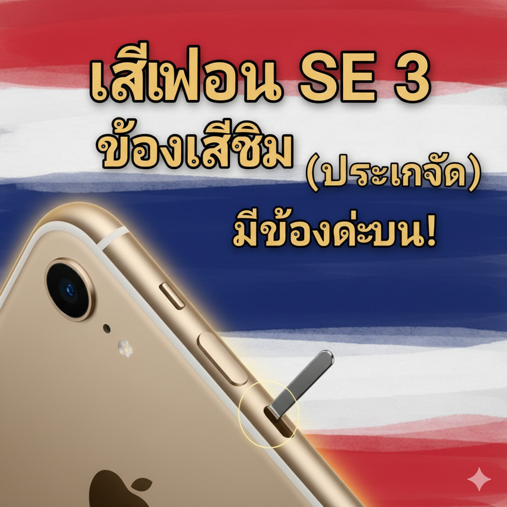 一张醒目的封面图，强调iPhone SE 3ใน泰国的SIM卡槽。主视觉是iPhone SE 3的侧面特写，清晰展示了Nano-SIM卡槽和SIM Ejector Tool（取卡针）插入孔。背景采用泰国国旗（红、白、蓝）的抽象色块，并用泰文和英文标注关键词：“iPhone SE 3 Sim Slot (Thailand)”。整体风格明亮、专业，突出“有卡槽”的确定性，色调ควรกับBigwingold的品牌色（如金色/黑色）和谐统一，构图采用黄金分割突出SIM卡槽位置。