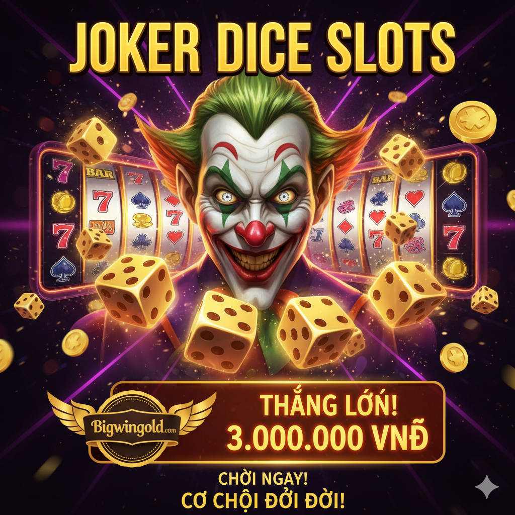 Một visual design có chủ đề 'Joker Dice Slot'. Chủ yếu là hình ảnh Joker cười ranh mãnh, bao quanh là các Dice (xúc xắc) đang xoay, với gam màu vàng kim, tím và đỏ. Nền có Logo Bigwingold và dòng chữ nổi bật '3,000,000 VNĐ' tiền thưởng.