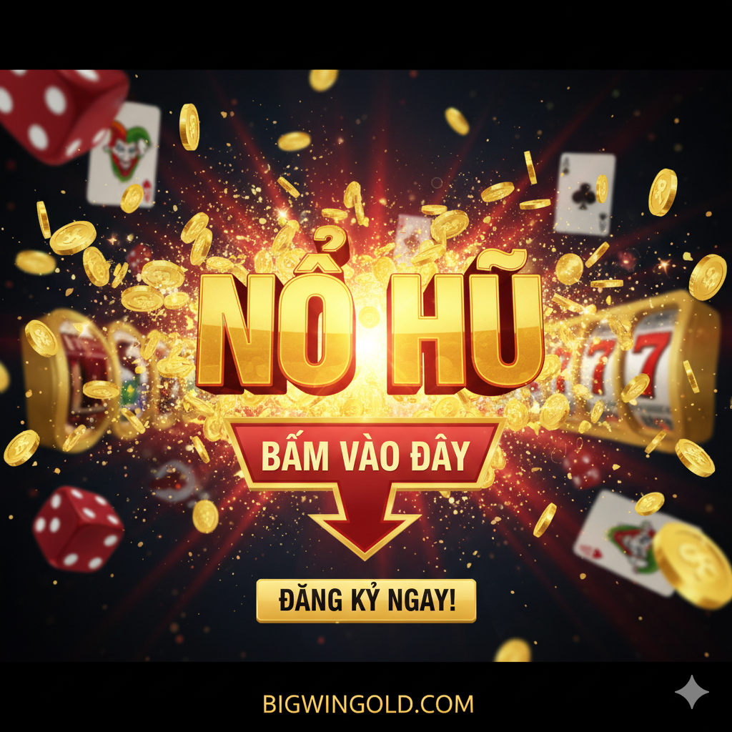 Hình ảnh Call-to-Action sôi động: NỔ HŨ lớn, kim tiền bay vọt, với một mũi tên hướng về nút bấm Đăng Ký Ngay!, nhằm khuyến khích người dùng hành động.