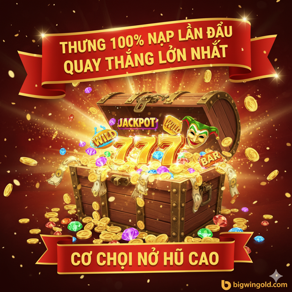 Ảnh minh họa ưu điểm Khuyến mãi Độc quyền và Tỷ lệ nổ hũ cao (joker slot แตกง่าย). Hình ảnh một chiếc rương kho báu mở ra, bên trong tràn ngập tiền vàng và các biểu tượng Jackpot (777, BAR, Wild). Một dải ruy băng/banner màu đỏ hoặc vàng chạy ngang, ghi rõ: "Thưởng 100% Nạp Lần Đầu" hoặc "Credit Miễn Phí Mới Nhất". Phong cách rực rỡ, lôi cuốn, tạo sự phấn khích, sử dụng gam màu nóng để nhấn mạnh ưu đãi "HOT NHẤT" và cơ hội chiến thắng lớn.