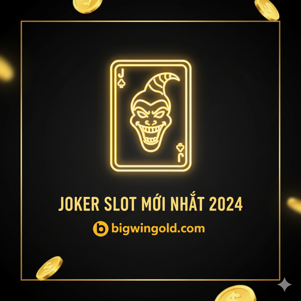 Ảnh bìa chính, phong cách hiện đại, màu sắc chủ đạo là vàng kim và đen, tạo cảm giác sang trọng và bí ẩn. Ở trung tâm là một biểu tượng lá bài Joker lớn, có hiệu ứng ánh sáng neon lấp lánh. Phía dưới là dòng chữ tiếng Việt nổi bật: "Joker Slot Mới Nhất 2024" và logo "bigwingold.com" màu vàng sáng. Hình ảnh cần có các đồng xu vàng rơi lả tả xung quanh, thể hiện sự giàu có và Jackpot. Bố cục tập trung, thu hút sự chú ý ngay lập tức, nhấn mạnh tính năng mới nhất và đường link chính thức.