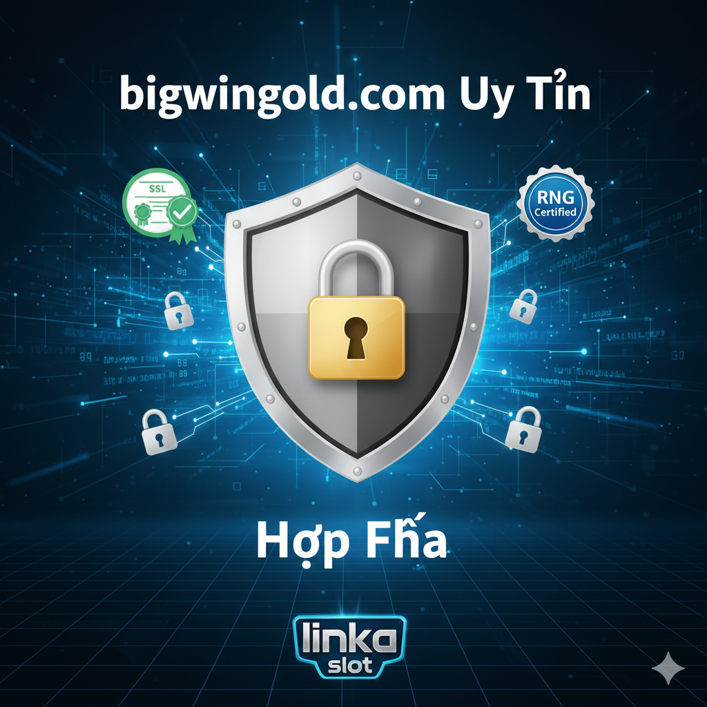 Hình ảnh tập trung làm nổi bật sự uy tín, bảo mật và công bằng của bigwingold.com. Một chiếc khiên bảo vệ được bao quanh bởi các biểu tượng an toàn như khóa, chứng nhận SSL và dấu ấn “RNG Certified” (Đã được kiểm định RNG), sử dụng màu xanh và bạc công nghệ cao.