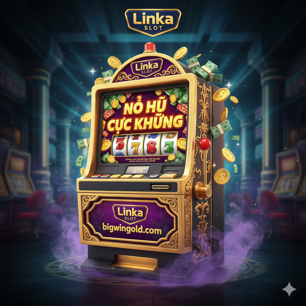 Một hình ảnh cực kỳ trực quan làm ảnh bìa, nhấn mạnh "Nổ Hũ Cực Khủng" (Jackpot cực lớn) và thương hiệu bigwingold.com. Chủ thể là màn hình máy đánh bạc (Slot Machine) sáng chói với các biểu tượng vàng, tiền và kim cương, nổi bật dòng chữ "JACKPOT" hoặc "BIG WIN".