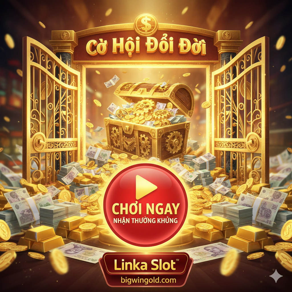 Một hình ảnh hành động kêu gọi người dùng với cánh cổng vàng mở ra kho báu, tượng trưng cho "Cơ Hội Đổi Đời". Một nút "Chơi Ngay" hoặc "NHẬN THƯỞNG KHỦNG" lớn, thu hút sự chú ý.