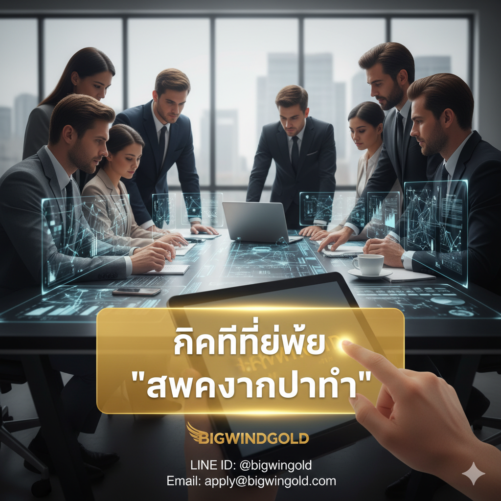 ภาพควรเป็น Call to Action ที่โดดเด่น อาจเป็นมือที่กำลังคลิกปุ่ม 'สมัครงานทันที' บนหน้าจอคอมพิวเตอร์ หรือภาพทีมงานที่เป็นมืออาชีพ พร้อมโลโก้ bigwingold และข้อมูลติดต่อ (Line ID) เพื่อกระตุ้นให้ผู้สมัครดำเนินการทันที