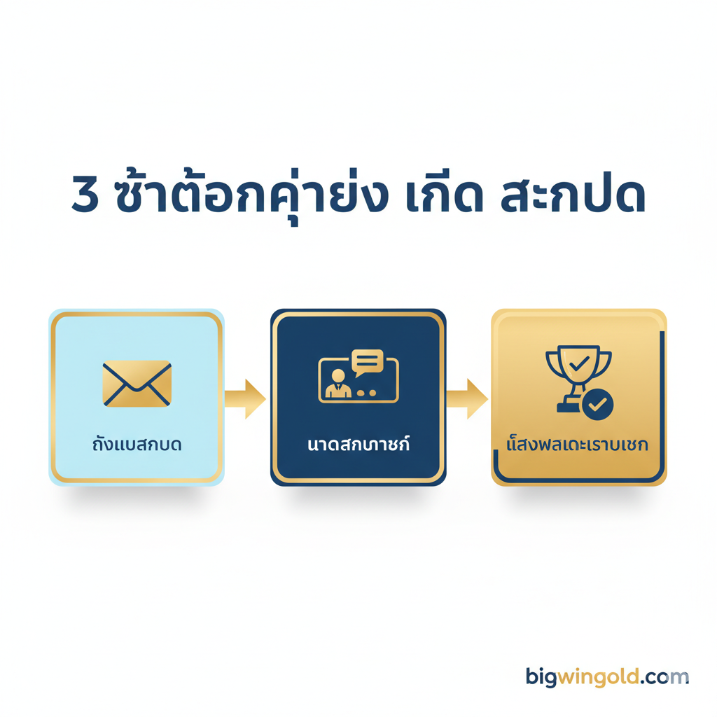 ภาพควรเป็น Infographic ที่เรียบง่าย มีสามขั้นตอนพร้อมไอคอน: 1. ซองจดหมาย 2. คนสนทนา 3. เครื่องหมายถูกหรือถ้วยรางวัล โดยมีลูกศรเชื่อมต่อกัน และข้อความสั้นๆ เป็นภาษาไทยอธิบายแต่ละขั้นตอน