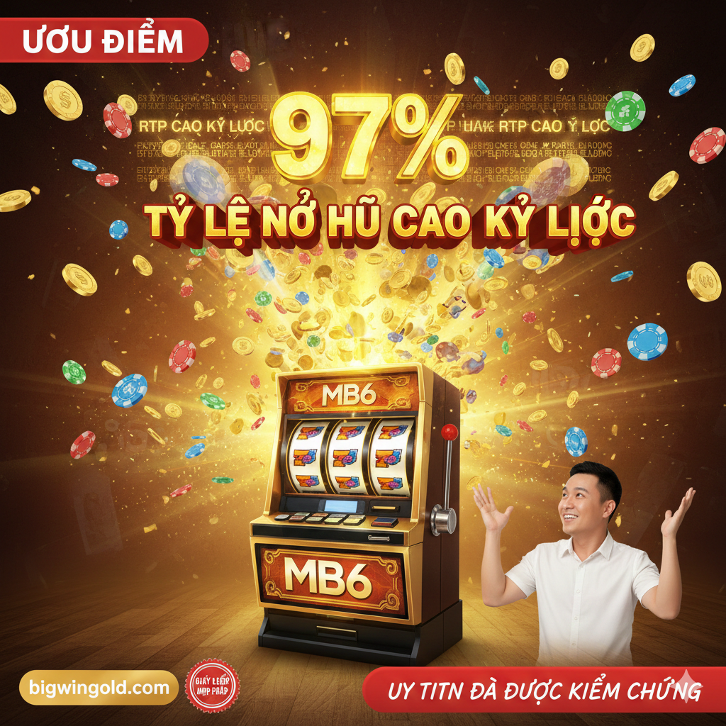 Hình ảnh một vụ nổ Jackpot lớn với hàng đống tiền vàng và logo MB6 Slot, nhấn mạnh tỷ lệ nổ hũ cao.