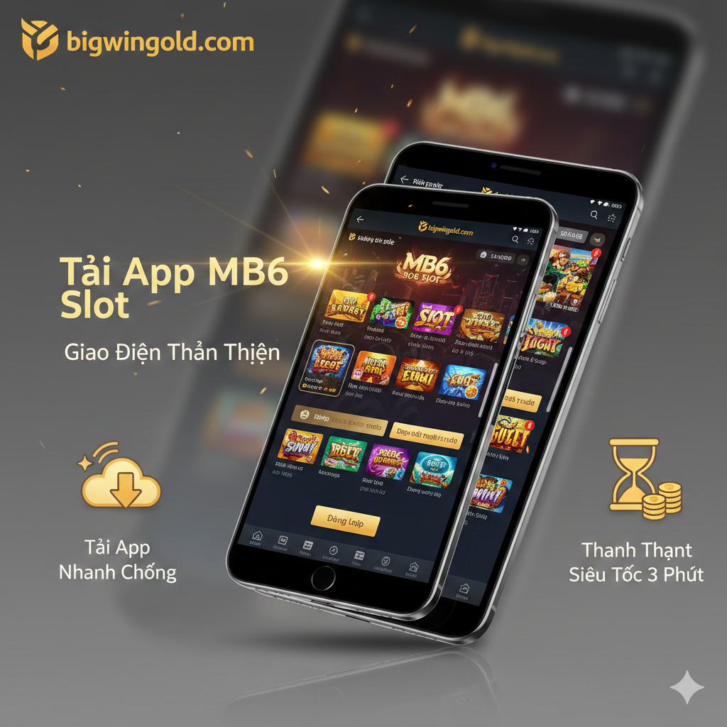 Hình ảnh hiển thị giao diện của ứng dụng MB6 Slot trên màn hình điện thoại và máy tính bảng, bên cạnh là các icon thể hiện tốc độ tải và thanh toán.