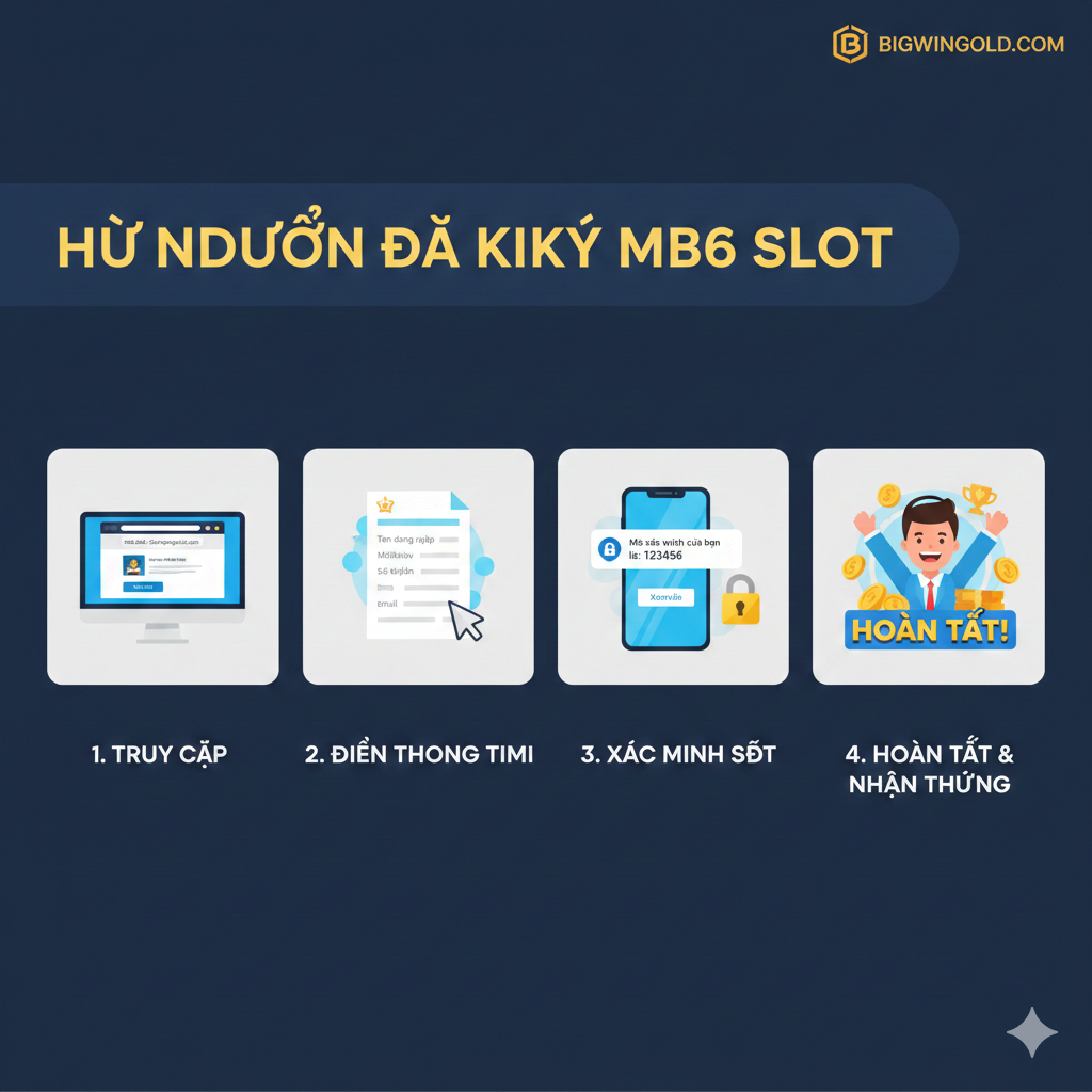 Sơ đồ 4 bước đơn giản minh họa quy trình đăng ký tài khoản MB6 Slot siêu tốc, từ truy cập đến hoàn tất.