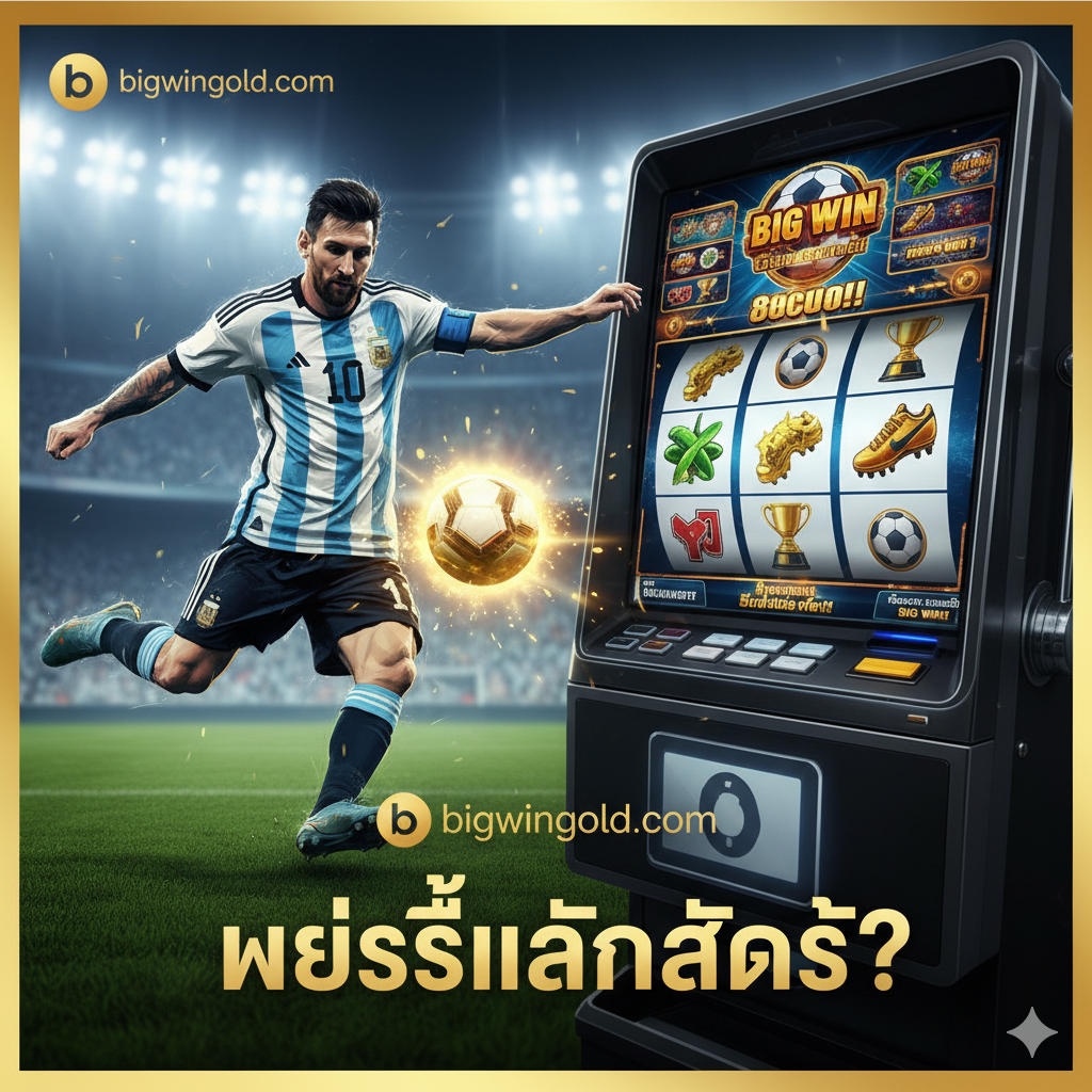 这是一张极具视觉冲击力的封面图，旨在立即抓住搜索“messi play slot”用户的注意力。图片采用动态对半分的构图。左侧是一个风格化的足球运动员剪影（暗示梅西，身穿蓝白相间球衣），正在做一个强劲的射门动作，足球带着金色光芒。右侧是一台现代化的老虎机（Slot）界面特写，卷轴上是足球、金靴和奖杯符号，并显示着 "BIG WIN" หรือ "แจ็คพอต" (Jackpot) 字样。bigwingold.com 的品牌Logoและ泰语关键词 "เมสซี่เล่นสล็อต?" (Messi Play Slot?) 醒目地展示ใน画面中。整体色调以奢华的金色、蓝色和白色为主，背景是灯火โชติช่วงของสนามฟุตบอล, สร้างบรรยากาศความตื่นเต้นระดับแชมป์。