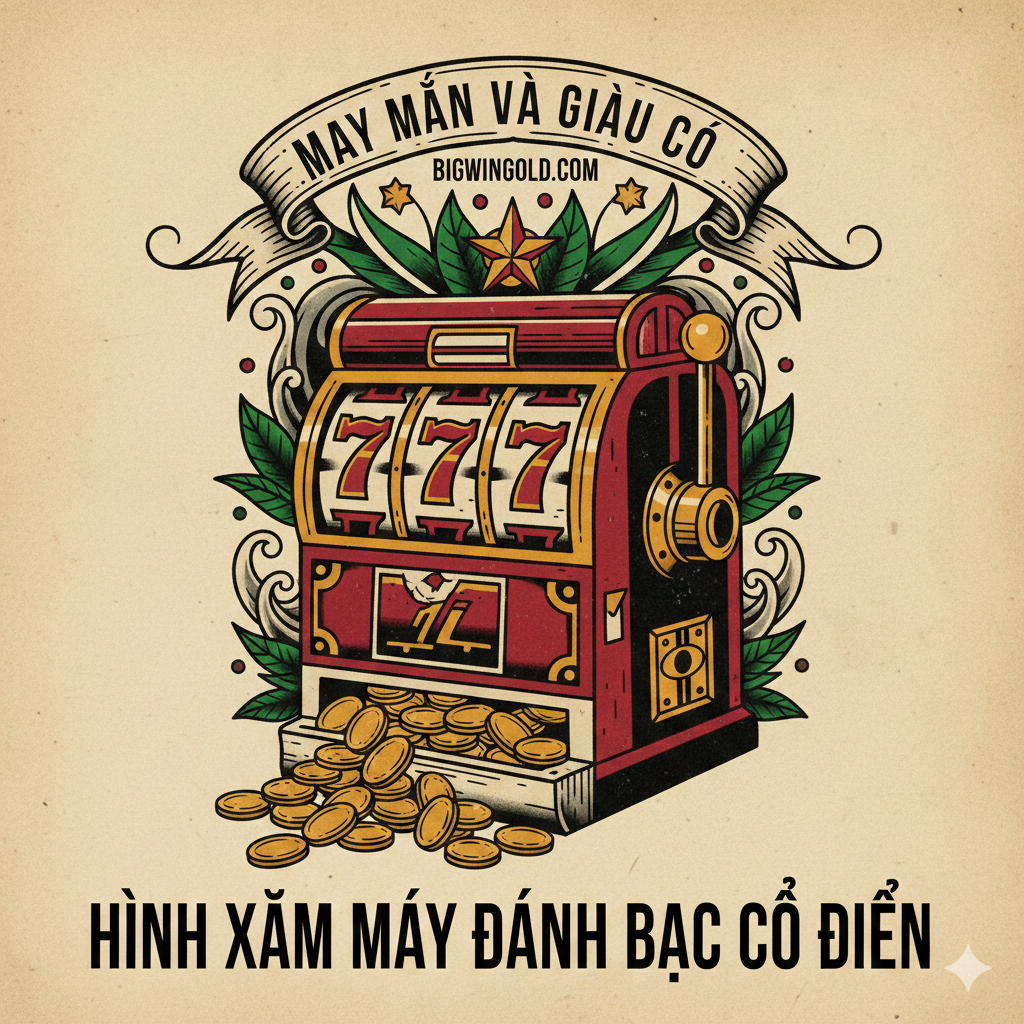 A clear, instructional-style image illustrating the meaning of the key symbols. The image should be divided into three distinct sections (or a row of three close-ups), each showing a classic Old School tattoo design: 1. The number '777' with an explosion/sparkle effect (representing Jackpot/Ultimate Luck). 2. A vibrant Cherry symbol paired with a small banner (representing Sweet Start/Love). 3. The 'BAR' symbol (representing Persistence/Unconquerable Spirit). Use bold lines and primary colors. The overall aesthetic should be bright, traditional tattoo flash art, directly supporting the 'Giải Mã Biểu Tượng' section.