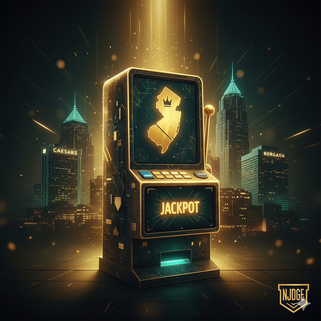 Ảnh bìa tổng thể, phong cách hiện đại, màu sắc chủ đạo là vàng, đen và xanh lá đậm, tượng trưng cho sự giàu có và cờ bạc. Trung tâm là một máy đánh bạc (slot machine) ảo/3D với màn hình hiển thị biểu tượng Jackpot lớn, có thể là logo của New Jersey (hình ảnh hoặc tên) hoặc Dải bờ biển Atlantic City (các tòa nhà casino nổi tiếng như Caesars, Borgata) ở phía sau. Tiêu đề chính nổi bật: 'Top Online Slot Sites New Jersey 2025' bằng chữ font lớn, đậm, lấp lánh. Đảm bảo logo NJDGE (New Jersey Division of Gaming Enforcement) được hiển thị nhỏ góc dưới để nhấn mạnh tính hợp pháp.